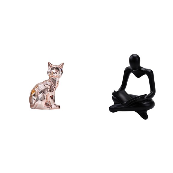 2 Pieces Cat Statue Desktop Figurine Abstract Thinker Sculpture Ceramic Resin Creative Art Home Office Decoration