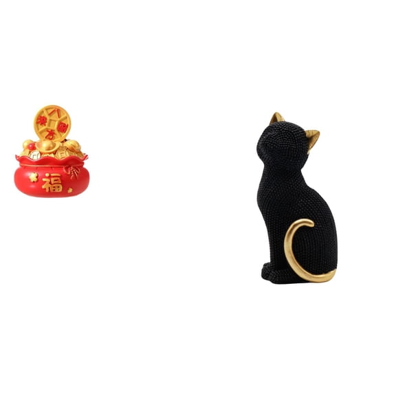 2 Pieces Cat Statue Desktop Sculpture Treasure Basin Resin Material for Bedroom Shelf Desk Decoration