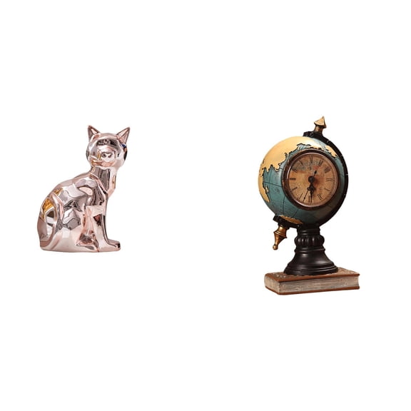 2 Pieces Cat Statue Globe Figurine Table Clock Eco Friendly Ceramic for Office Desk Shelf Home Decor
