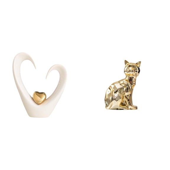 2 Pieces Cat Statue Heart Sculpture Desktop Figurine Ceramic Material Living Room Shelf Desk Decor
