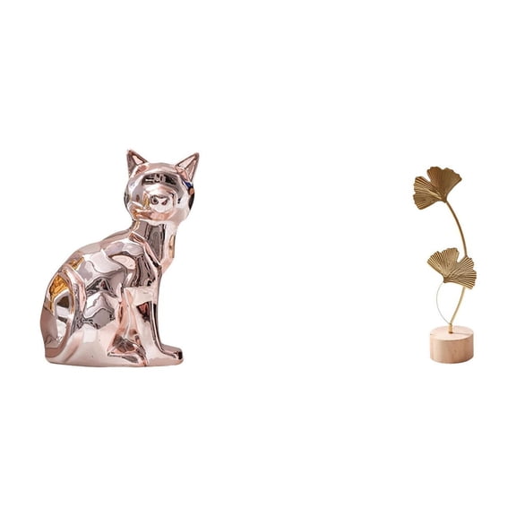2 Pieces Cat Statue Leaf Sculpture Desktop Figurine Ceramic Iron Material for Home Office Shelf Decoration