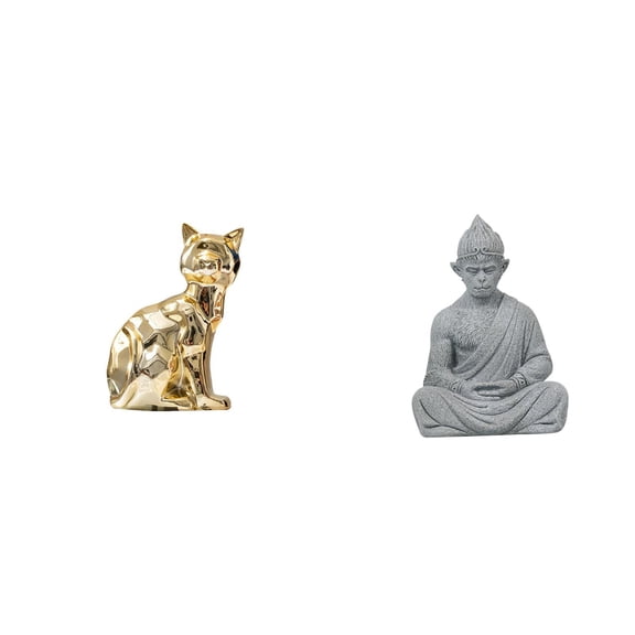 2 Pieces Cat Statue Monkey Figurine Buddha Ornament Ceramic Material for Home Office Desk Decor