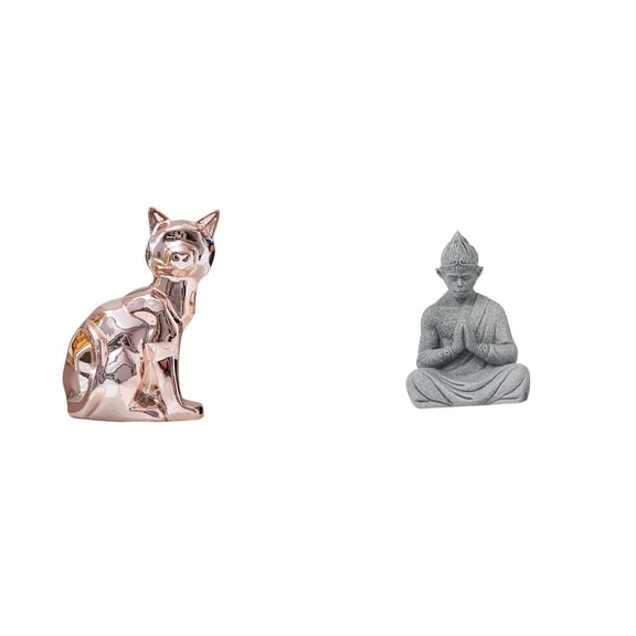 2 Pieces Cat Statue Monkey Statue Desktop Figurine Ceramic Material for Office Desk Meditation Space Decor