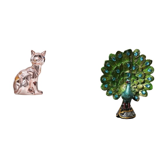 2 Pieces Cat Statue Peacock Figurine Desktop Sculpture Ceramic Resin Material for Office Home Shelf Decor