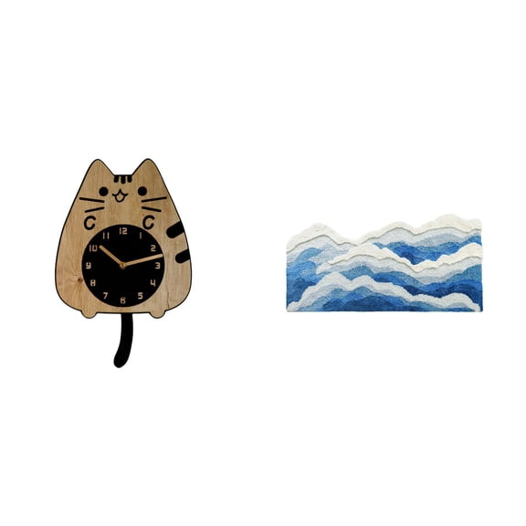 2 Pieces Cat Wall Clock Area Rug Modern Wave Design Wooden Flocking Set for Living Room Bedroom Decor