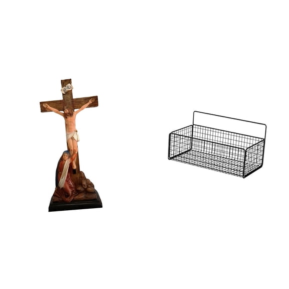 2 Pieces Catholic Statue Religious Figurine Storage Basket Set Resin and Iron Material for Home Chapel Kitchen Office