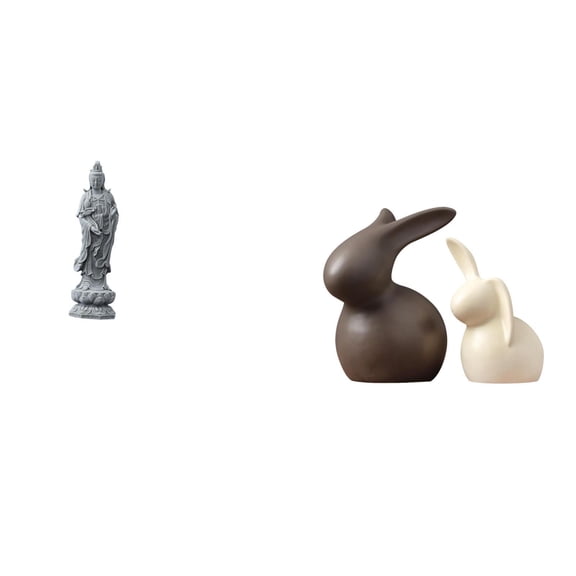 2 Pieces Ceramic Bunny Sculpture Guan Yin Statue Figurine Stone Material for Bookshelf Tabletop Decoration