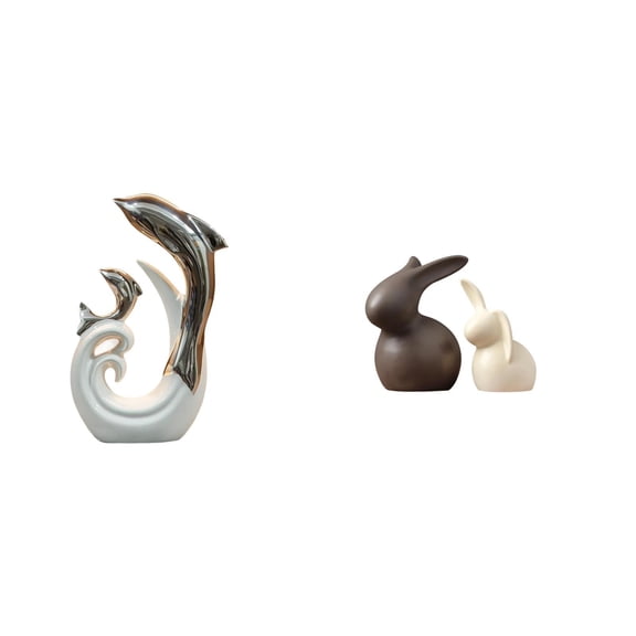 2 Pieces Ceramic Dolphin Figurine Sculpture Silver White Unique Design for Home Office TV Stand Coffee Table Decor