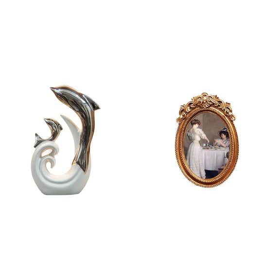 2 Pieces Ceramic Dolphin Statue Photo Frame Resin Material Decorative for Home Office Living Room Bedroom Gift Display
