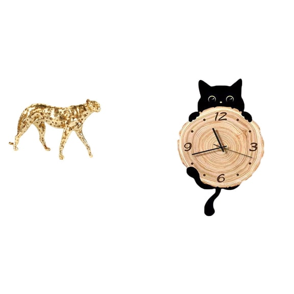 2 Pieces Cheetah Figurine Gold Wall Clock Modern Lightweight Material for Living Room Bedroom Office Decor Gift