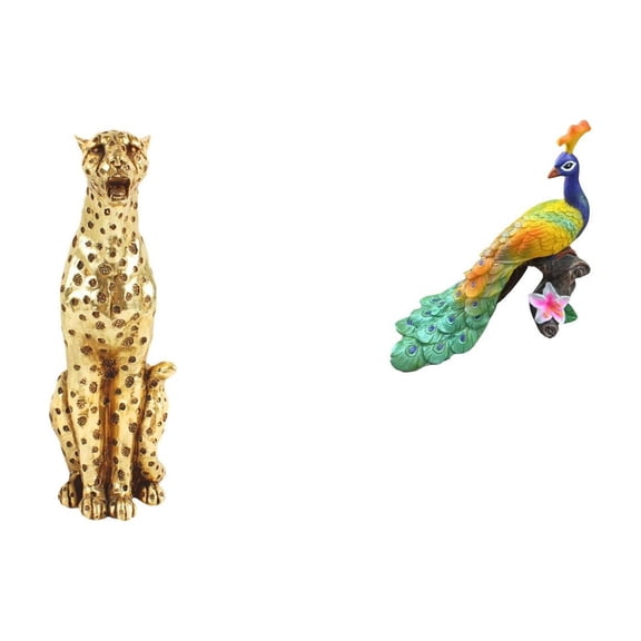 2 Pieces Cheetah Figurine Peacock Statue Sculpture Resin Material for Home Office Garden Decoration
