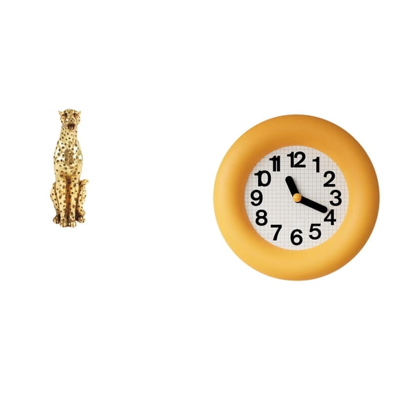 2 Pieces Cheetah Figurine Wall Clock Desktop Ornament Eco Friendly Resin Wood Living Room Office Decor