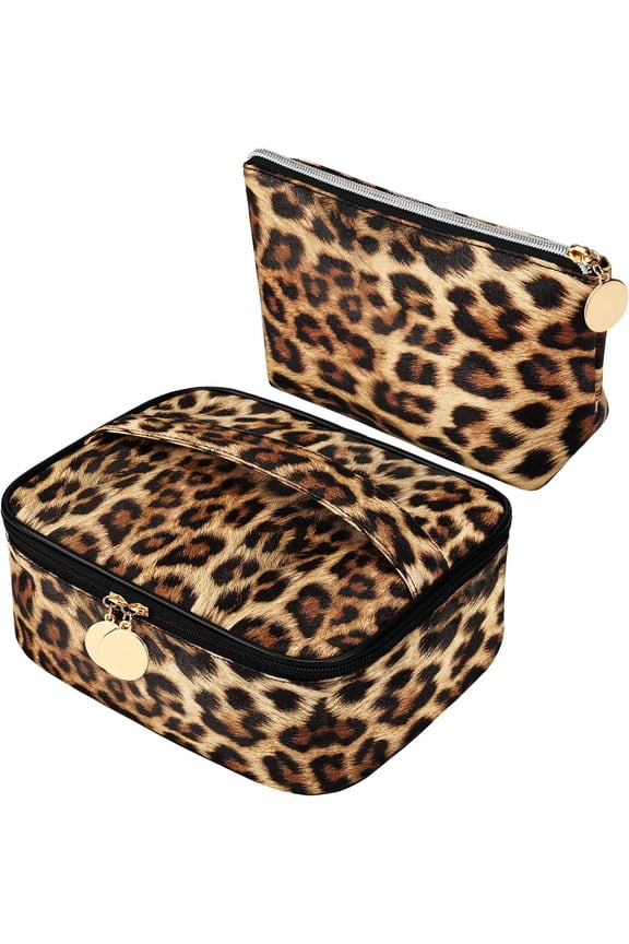 2 Pieces Cheetah Leopard Print Makeup Bag Cosmetic Bag Women Toiletry Travel Shopping Bag Leopard Brush Bag Portable Pouch Bag with Zipper for Women Girls
