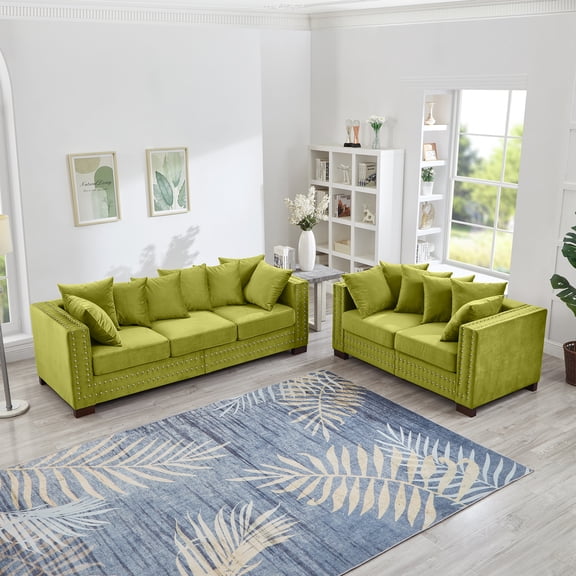 2 Pieces Chesterfield Sofa Set, 5 Seaters Velvet Upholstered Couch and Loveseat Sets with Nailhead Trim and Pillows for Living Room Office Apartment