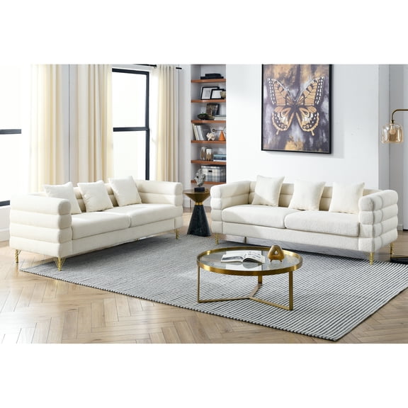 2 Pieces Chesterfield Teddy Fabric Upholstered Sofa Set, 6 Seaters Modular Couch with Pillows and Metal Legs for Living Room Office Apartment