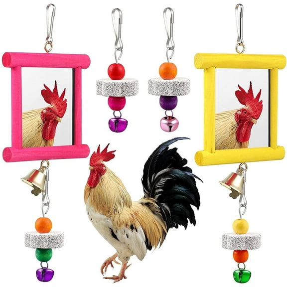 2 Pieces Chicken Mirror Toys Hanging Swing Mirror with Bell Wooden Pecking Toy and 4 Pieces Beak Grinding Molar Stones for Hens Birds Parrots