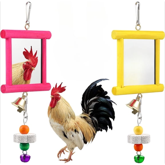 2 Pieces Chicken Mirror Toys Hanging Swing with Bell Wooden Pecking Toy Beak Grinding Molar Stones for Hens Birds Parrots