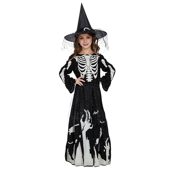 2 Pieces Child Luminous Skeleton Death God Costume With Wizard Hat For Halloween Cosplay Performance Costume