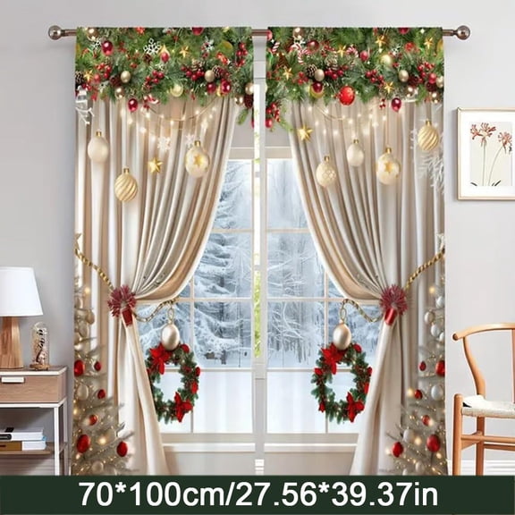 2 Pieces Christmas Ball Holiday Printed Curtains,2D Flat Luxury Xmas Print Curtains,Classic Xmas Art Printed Curtain with Snowflakes and Pine Branches,for Bedroom Living Room Holiday Party Decor