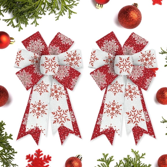 Hsomely 2 Pieces Christmas Wreath Bow, Glitter Red White Burlap Bow with Snowflake, Xmas Ornament for Front Door, New Year Party Decoration Supplies