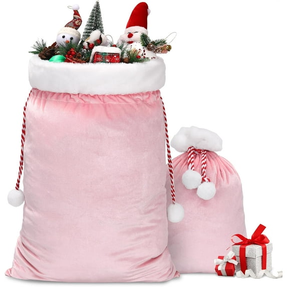 2 Pieces Christmas Santa Gift Bag Pink Velvet Drawstring Bag Treat Bag for Xmas Party Favor Supplies Holiday Wrapping