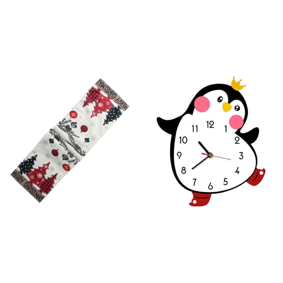 2 Pieces Christmas Table Runner Wall Clock Little Penguin Cartoon Design Polyester Holiday Decor for Kitchen and Bedroom