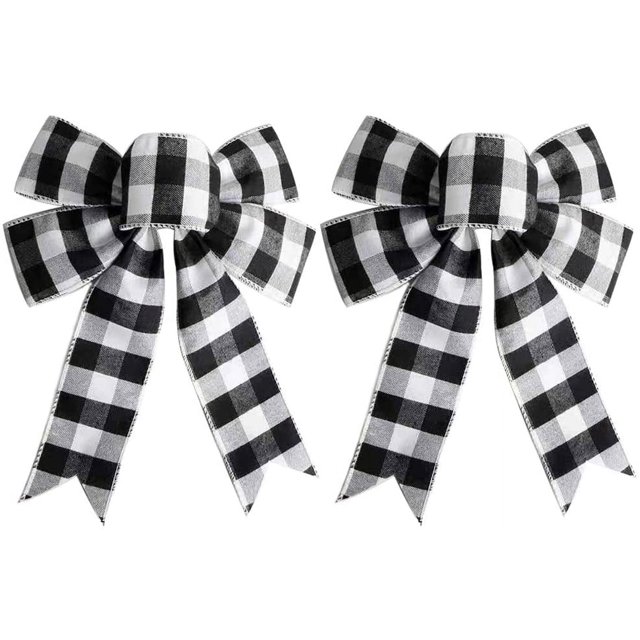 2 Pieces Christmas Tree Bow Buffalo Plaid Bow Black and White Stripe