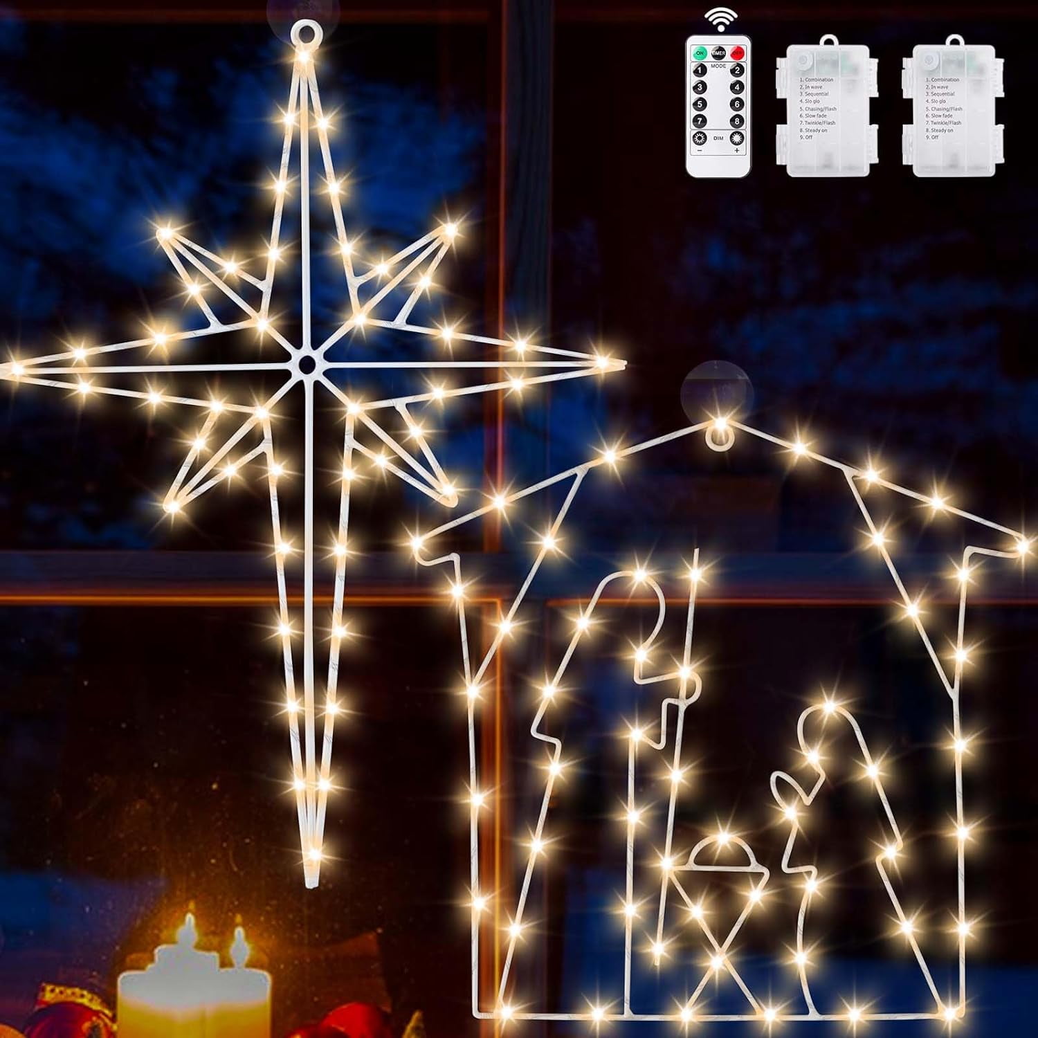 2 Pieces Christmas Window Silhouette Lights Star of Bethlehem Ornaments, BatteryOperated
