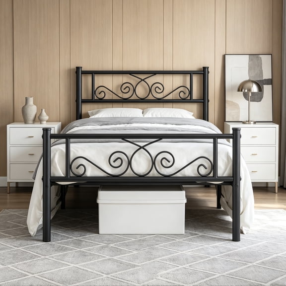 2 Pieces Classic Metal Platform Bed Frame with Headboard and Footboard, Flower Design Mattress Foundation, Easy Set Up Structure, Twin Size, Black