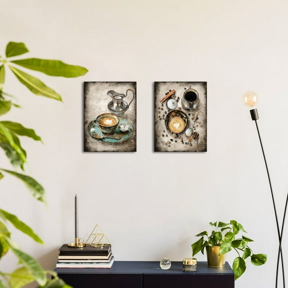 2 Pieces Coffee Sign Wall Art Vintage Coffee Bean Cup Picture for Coffee Bar Kitchen Wall Decor Ready to Hang 12x16inchx2pcs