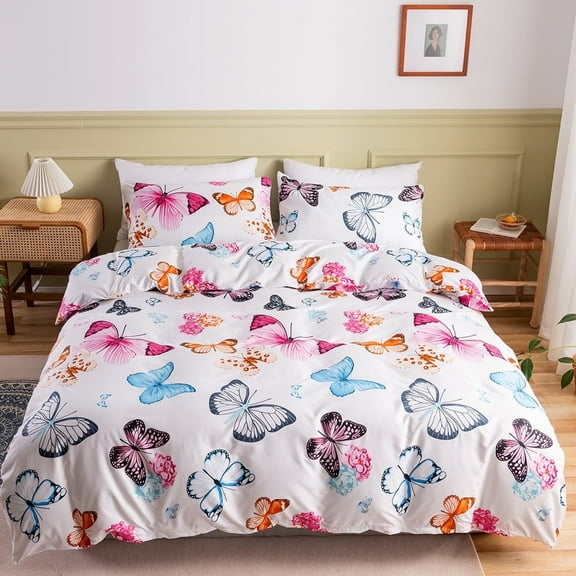 2 Pieces Colorful Butterfly Duvet Cover Set Butterfly Bedding Set Blue Red Butterflies Printed Design White for Girls Bedding,Twin size