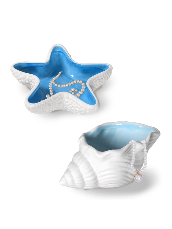 2 Pieces Conch & Starfish Shape Ceramic Jewelry Dish, Blue Sea Shell Trinket Tray, Ocean-Themed Decorative Ring Holder Dish, Women Jewelry Plate Tray for Earrings Necklaces Bracelet Keys Watch