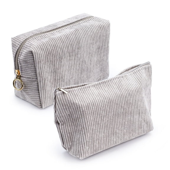 2 Pieces Corduroy Makeup Bag Set, Small Cosmetic Pouch Case with Zipper, Cute Travel Toiletry Bag Organizer for Girls Women Gifts Purse Storage (Gray)