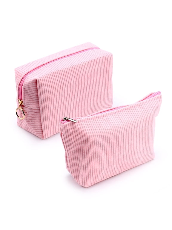 2 Pieces Corduroy Makeup Bag Set, Small Cosmetic Pouch Case with Zipper, Cute Travel Toiletry Bag Organizer for  Women Gifts Purse Storage (Pink)