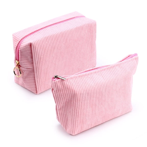 2 Pieces Corduroy Makeup Bag Set, Small Cosmetic Pouch Case with Zipper, Cute Travel Toiletry Bag Organizer for Women Gifts Purse Storage (Pink)