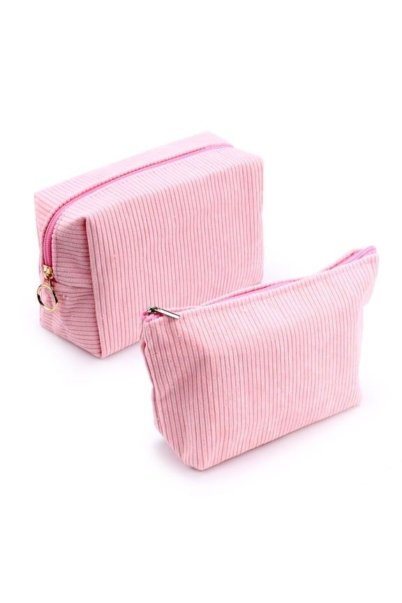 2 Pieces Corduroy Makeup Bag Set, Small Cosmetic Pouch Case with Zipper, Cute Travel Toiletry Bag Organizer for Girls Women Gifts Purse Storage (Pink)
