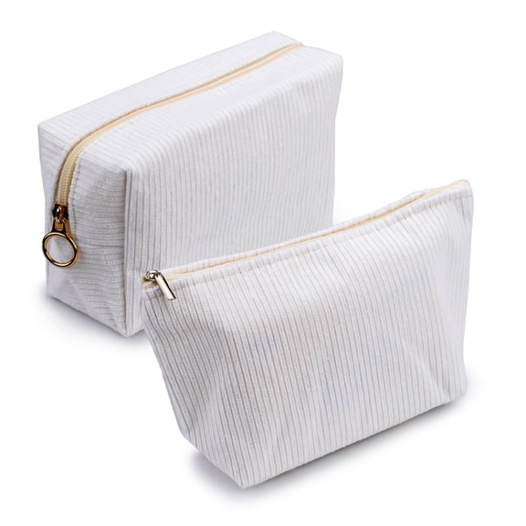 2 Pieces Corduroy Makeup Bag Set, Small Cosmetic Pouch Case with Zipper, Cute Travel Toiletry Bag Organizer for  Women Gifts Purse Storage (White)