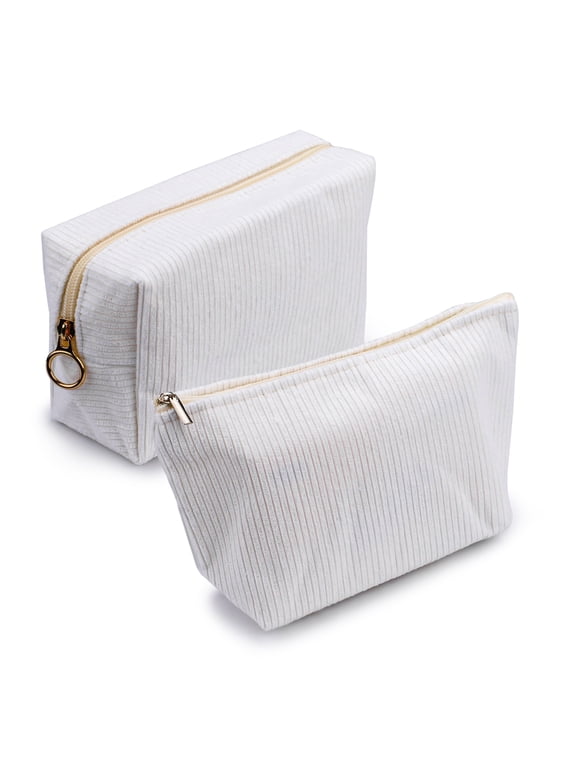 2 Pieces Corduroy Makeup Bag Set, Small Cosmetic Pouch Case with Zipper, Cute Travel Toiletry Bag Organizer for Women Gifts Purse Storage (White)