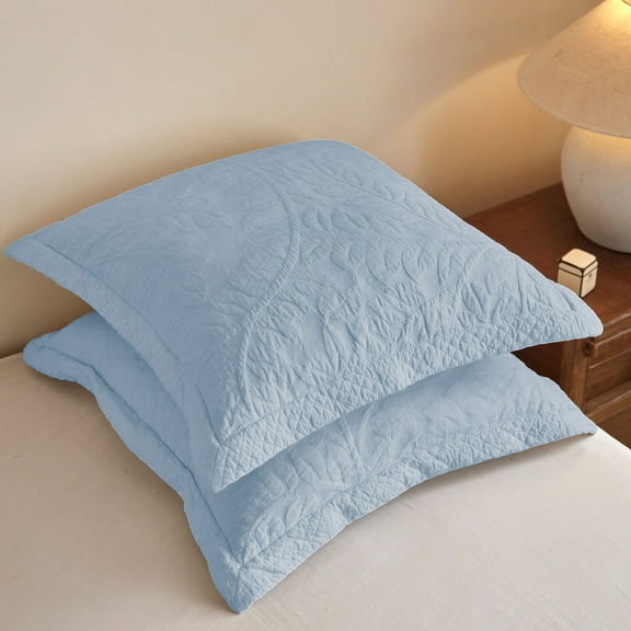 2-Pieces Cotton Light Blue Embroidered Quilted Pillow Shams Euro Size