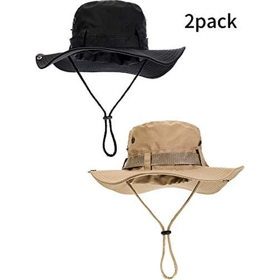 2 Pieces Cotton Safari Hat Wide Brim Fishing Cap Foldable Boonie Hat Double-Sided Outdoor Sun Hat for Men and Women (Black, Khaki)