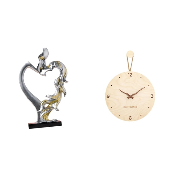 2 Pieces Couple Statue Wall Clock Decorative Resin Wood Minimalist Modern Ornament for Bedroom Wedding Living Room