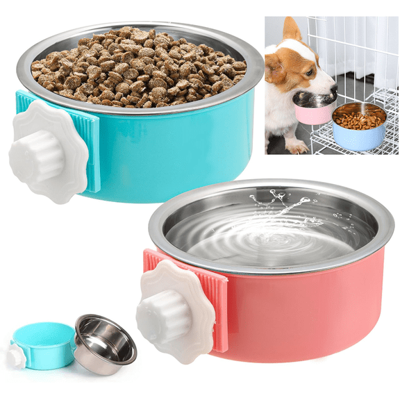 2 Pieces Crate Dog Bowl, Removable Stainless Steel Hanging Pet Kennel Cage Bowl Food & Water Feeder Coop Cup for Puppy, Cat, Rabbit,Guinea Pigs