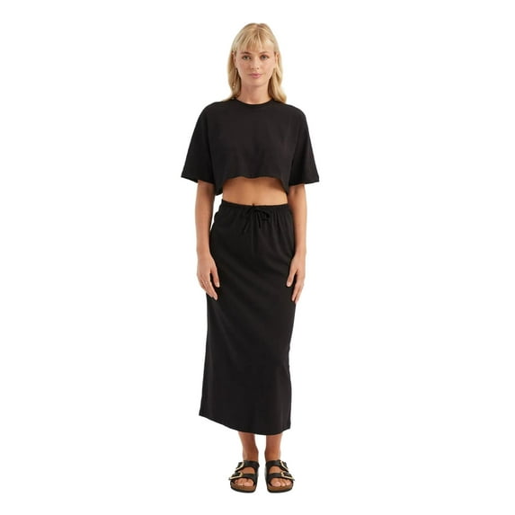 2 Pieces: Crew Neck Relaxed Crop Top & High Waist Drawstring Maxi Skirt