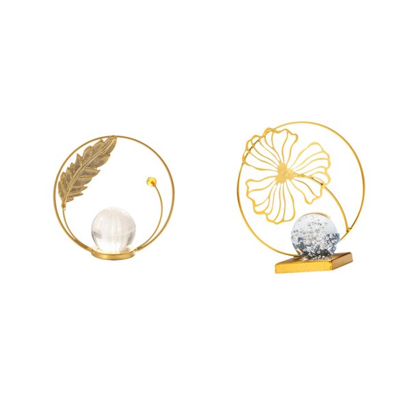 2 Pieces Crystal Ball Leaf Statue Iron Ornament Elegant Artistic Design for Home Office Living Room Decor