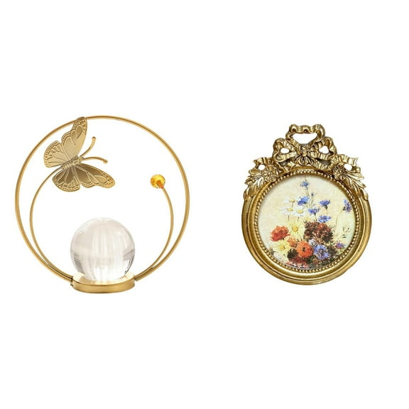 2 Pieces Crystal Ball Sculpture Photo Frame Ornate Resin Set for Bedroom Fireplace Mantle Display