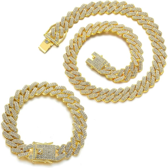 2 Pieces Cuban Link Chain Mens Iced Out Miami Cuban Necklace and Bracelet Silver Bling Diamond Hip Hop Jewelry for Men and Women
