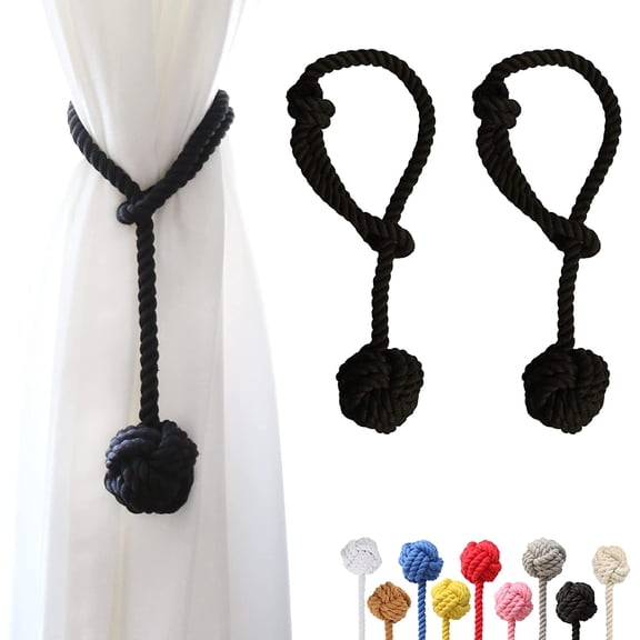 2 Pieces Curtain Tiebacks Curtain Holdbacks Curtain Ties with Big Woven Ball Outdoor Curtain Tiebacks Cotton Hand Woven Curtain Rope tiebacks Decorative Tie Backs for Drapes (Black, 2)