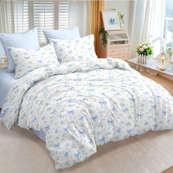 2 Pieces Cute Bowknot Comforter Set for Boys Girls Dreamy Princess Style Princess Style Blue Floral Twin Bedding Set Ultra Soft Reversible Garden Flower Comforter with Pillowcases