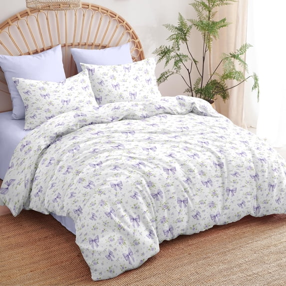 2 Pieces Cute Bowknot Comforter Set for Boys Girls Dreamy Princess Style Princess Style Purple Floral Twin Bedding Set Ultra Soft Reversible Garden Flower Comforter with Pillowcases