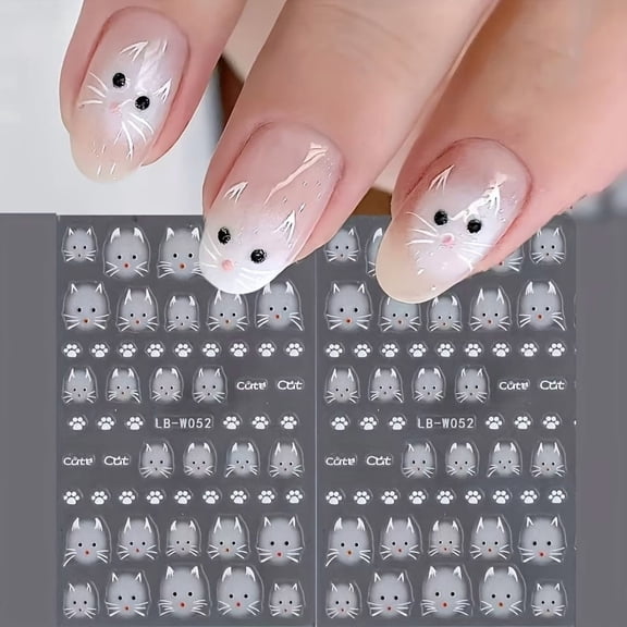 2 Pieces Cute Cartoon Cat Nail Art Stickers - Adorable White Cat & Paw Print Designs for Easy Nail Decoration